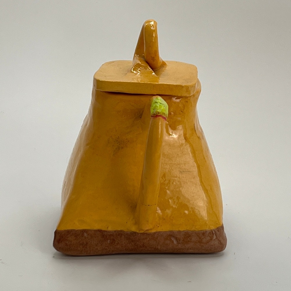 Vintage Mustard Yellow Pottery Teapot, Sculptural Kitchen Shelf Decor - Picture 4 of 7